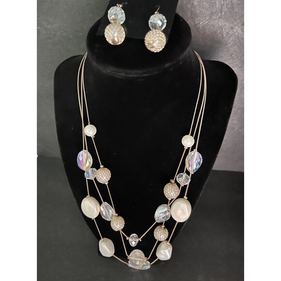 3 Strand Crystal & Faux Pearl Glass Beaded Chain Necklace Earrings Set Signed C - Picture 1 of 4
